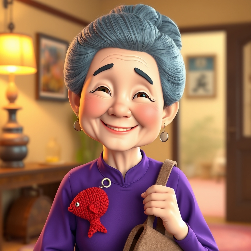 Khung 9: Bà Năm đeo chiếc cá đỏ, cười hiền